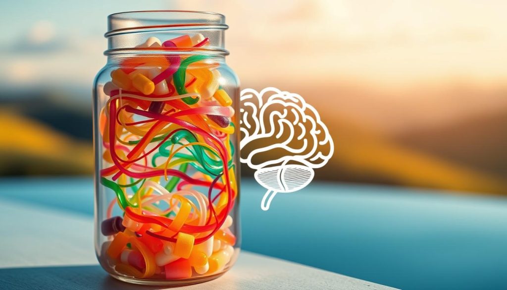 A vibrant and visually engaging image for the topic of "Probiotics for Mental Health". In the foreground, a transparent glass jar filled with a swirling, multicolored probiotic supplement, its contents seemingly alive and teeming with beneficial microorganisms. In the middle ground, a stylized brain illustration made up of intricate, interlocking neural pathways, hinting at the potential gut-brain connection. The background features a softly blurred, calming landscape of rolling hills and a serene sky, conveying a sense of balance and wellbeing. The lighting is natural and diffused, creating a sense of tranquility. The overall composition and color palette evoke a feeling of harmony and the promise of mental health benefits through probiotic supplementation.